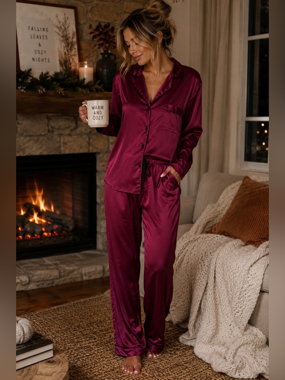 Noble Mount Satin Pajama Set Burgundy Wine | Women’s Large | Button Front